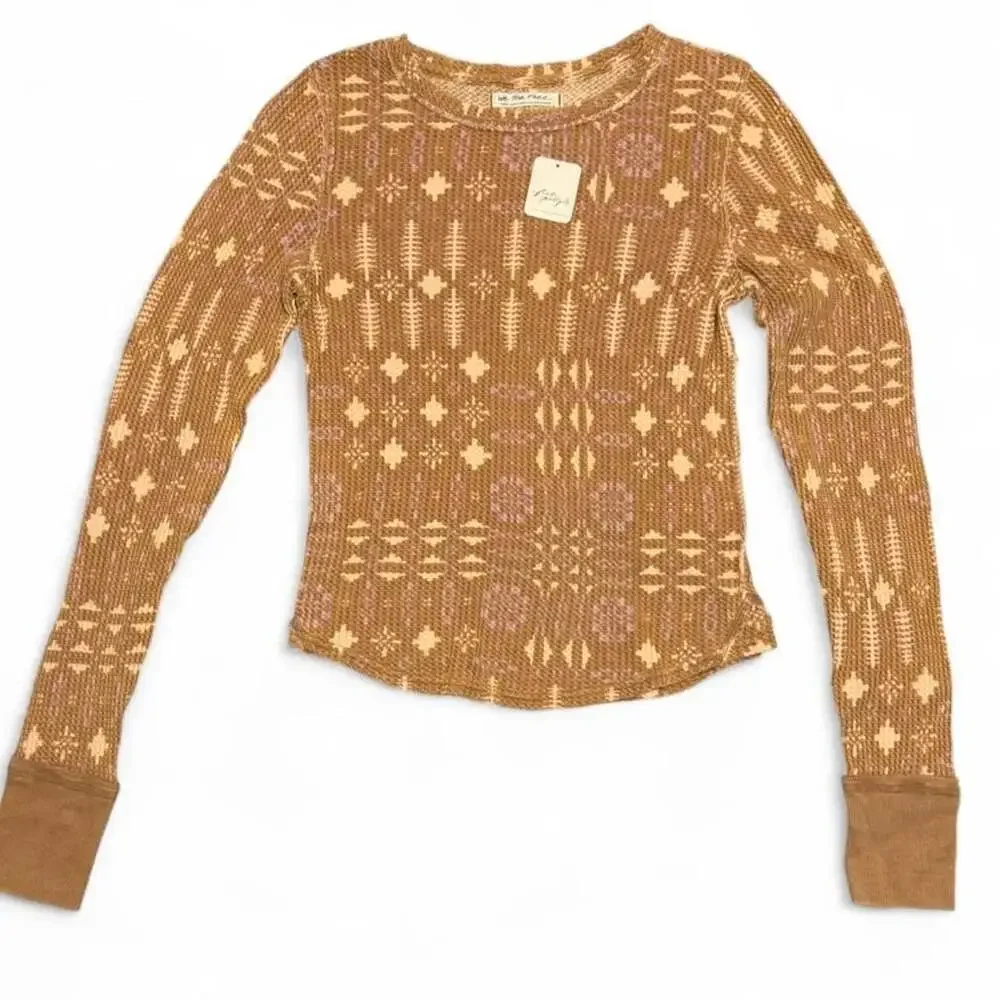 Free People Latte Combo Geometric Waffle Knit Long Sleeve Top